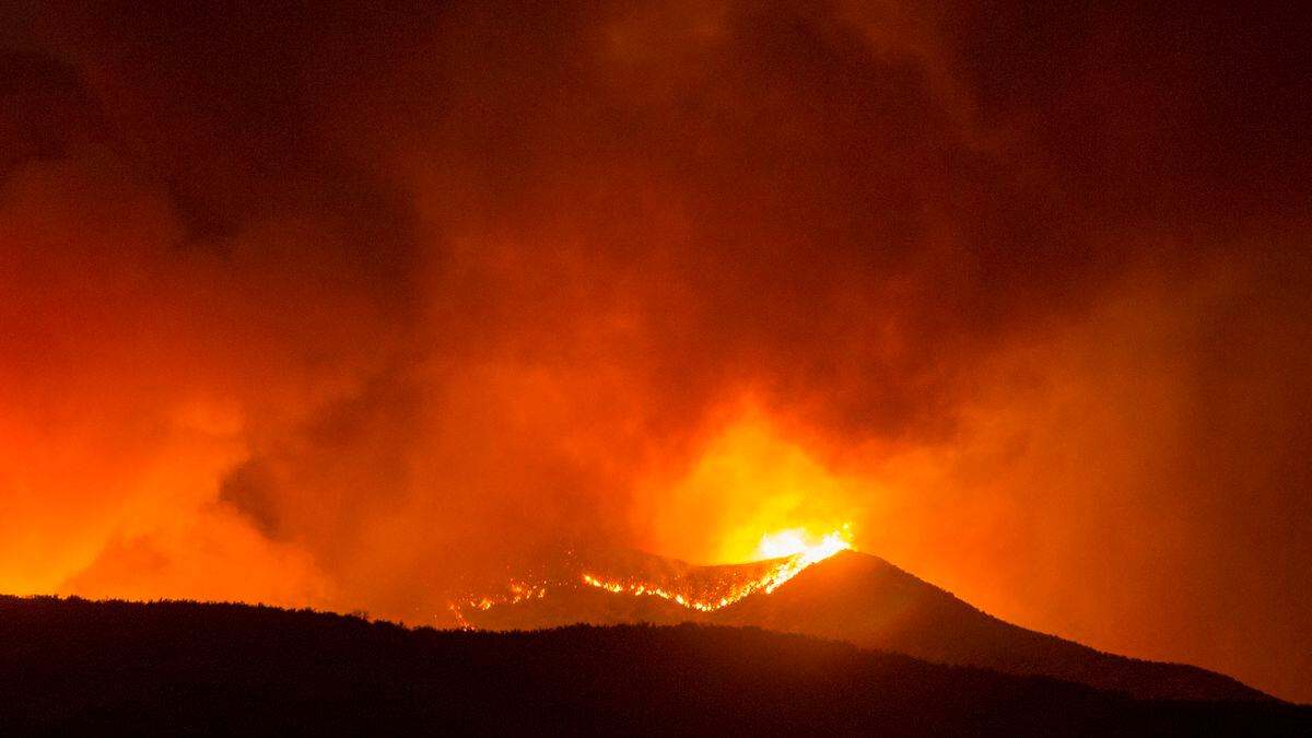 The Apple Fire burns in Banning, Calif., Saturday, Aug. 1, 2020.