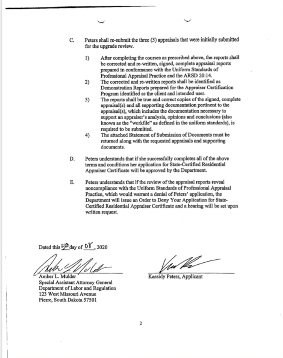 Page 2 of the training agreement that Kassidy Peters entered into with the South Dakota...