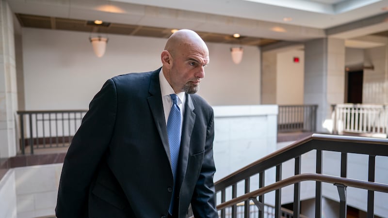 FILE - Sen. John Fetterman, D-Pa., leaves an intelligence briefing on the unknown aerial...