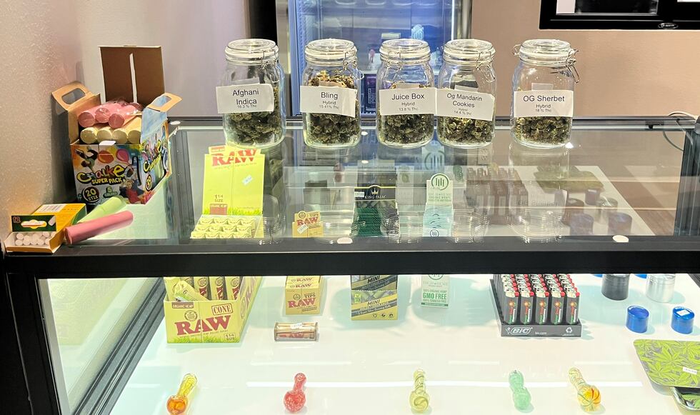 Different types of cannabis products are displayed for purchase at the Flower Shop Dispensary...