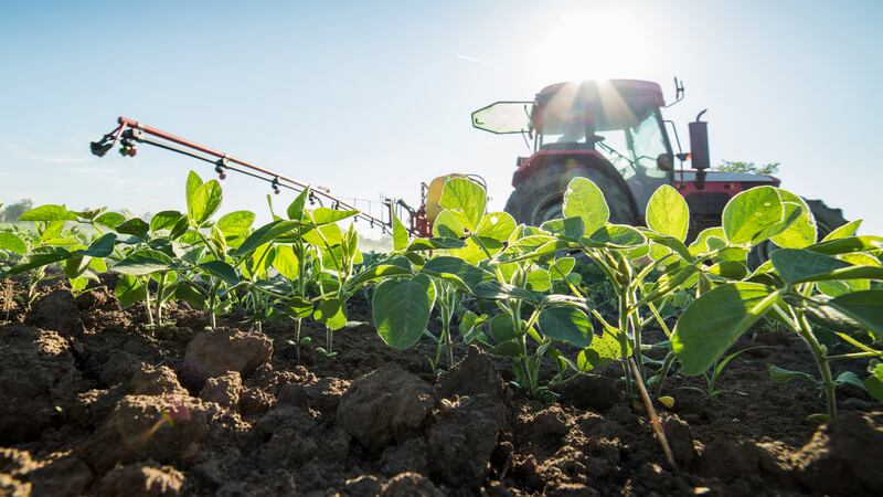 Tractor spraying soybean crops with pesticides and herbicides