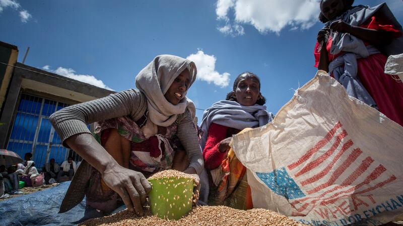 FILE - An Ethiopian woman scoops up portions of wheat to be allocated to each waiting family...