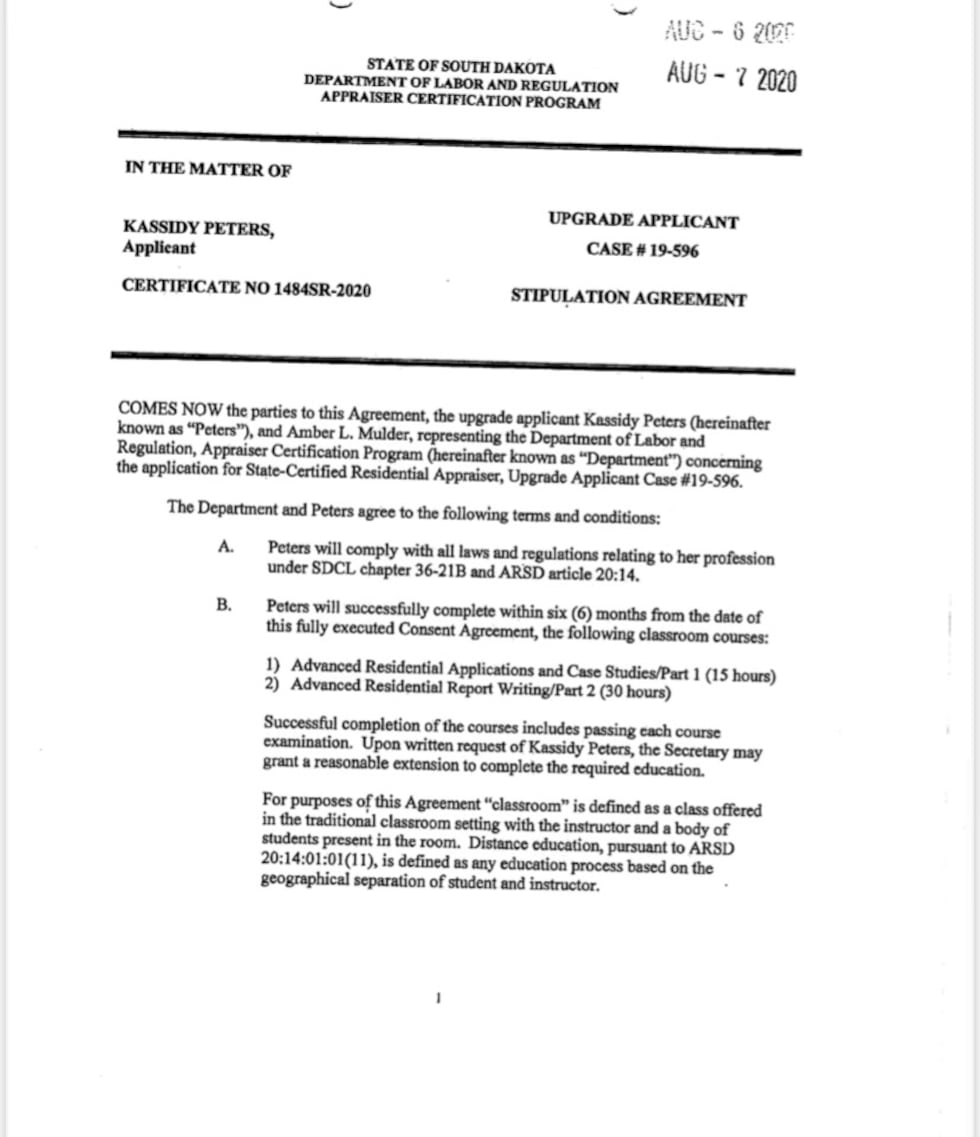 The training agreement that Kassidy Peters reached with the Department of Labor regarding her...