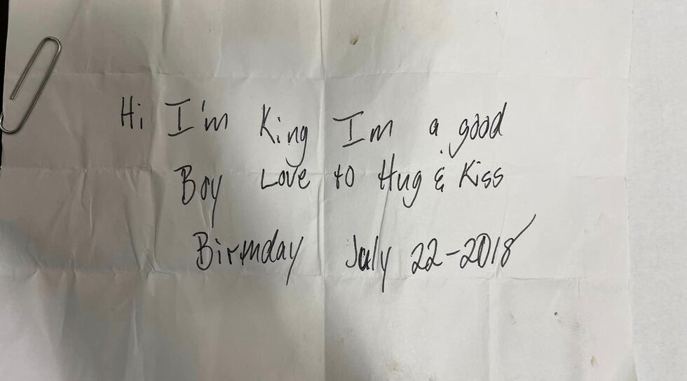 The dog was found with a note attached to his collar that police said “broke our hearts.”