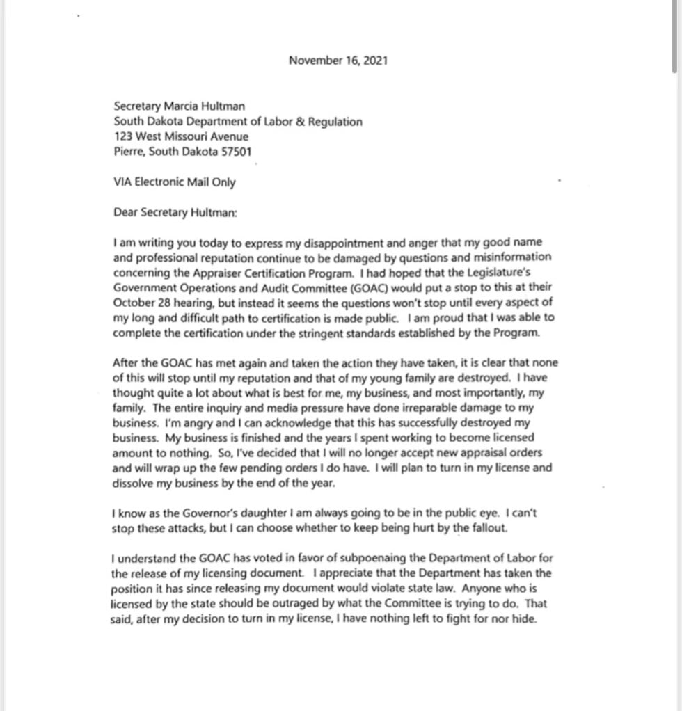 Governor Kristi Noem's daughter Kassidy Peters is resigning her appraisal position and turning...