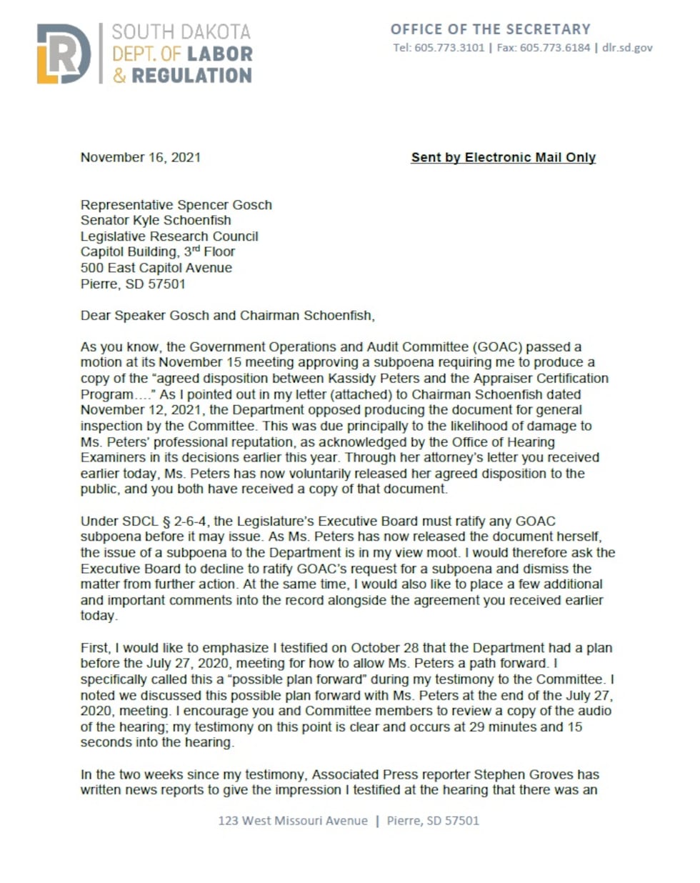 Following the release of documents by Peters, Department of Labor Secretary Marcia Hultman...