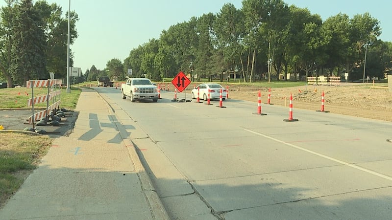 Traffic cones line Minnesota Avenue, between 57th Street and 69th Street, in Sioux Falls.