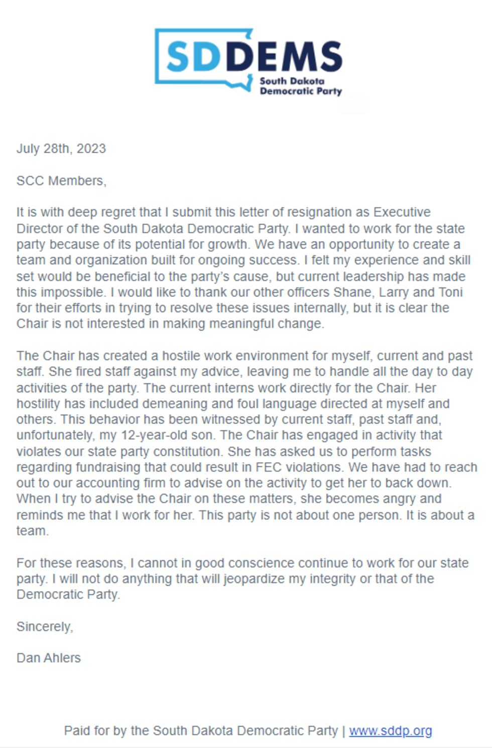 Dan Ahlers' resignation letter